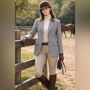LIZSPORT Vintage Y2K Women’s Equestrian Navy Gray Wool Plaid Boxy Blazer 12